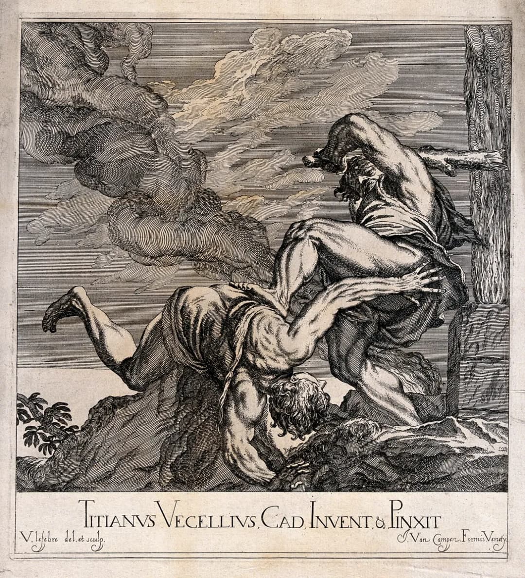 Cain slaying Abel. Etching by V. Lefebvre after J. van Campe