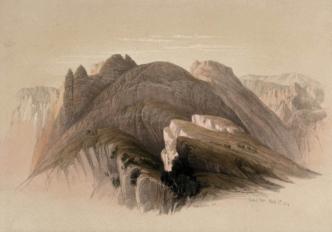 Mount Hor, seen from the cliffs near Petra. Coloured lithogr Wellcome V0049431