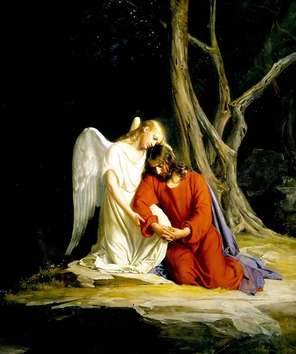 An angel comforting Jesus before his arrest in the Garden of Gethsemane