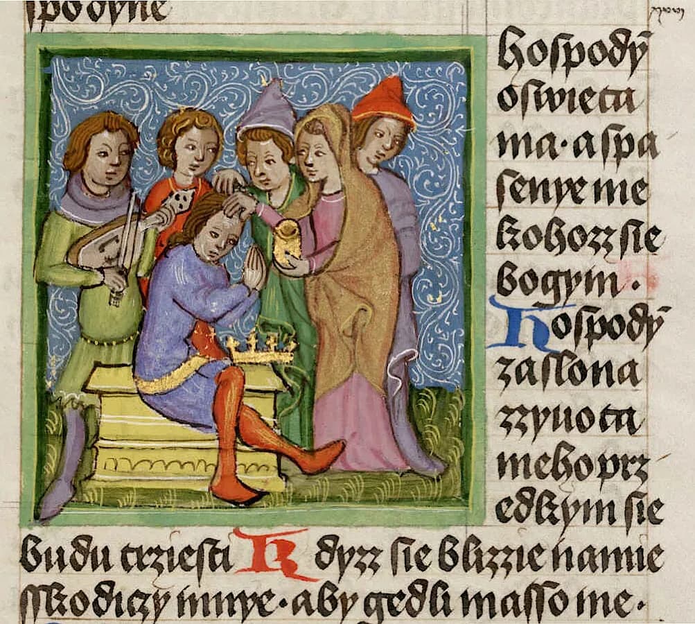 Anointing of David as king, from the Olomouc Bible, Part I, folio 264r (Bible olomoucká, I. díl, I. 1417, s. 264r) cropped sharpened