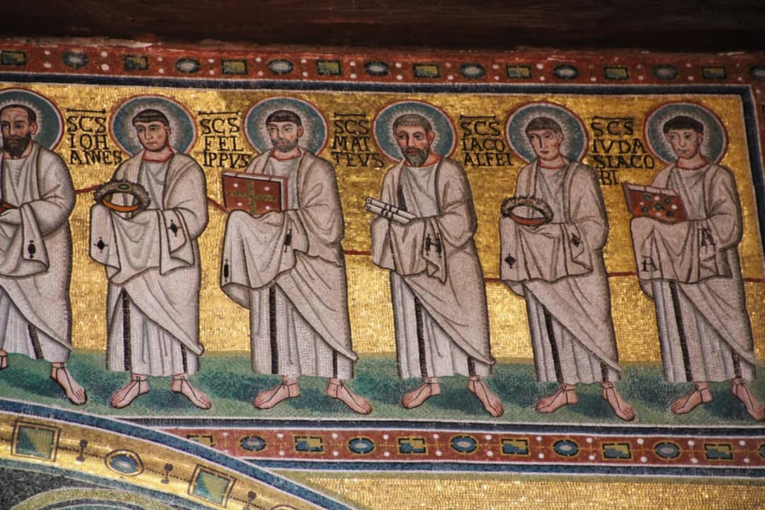 Mosaic with six of Jesus' apostles in Christianity