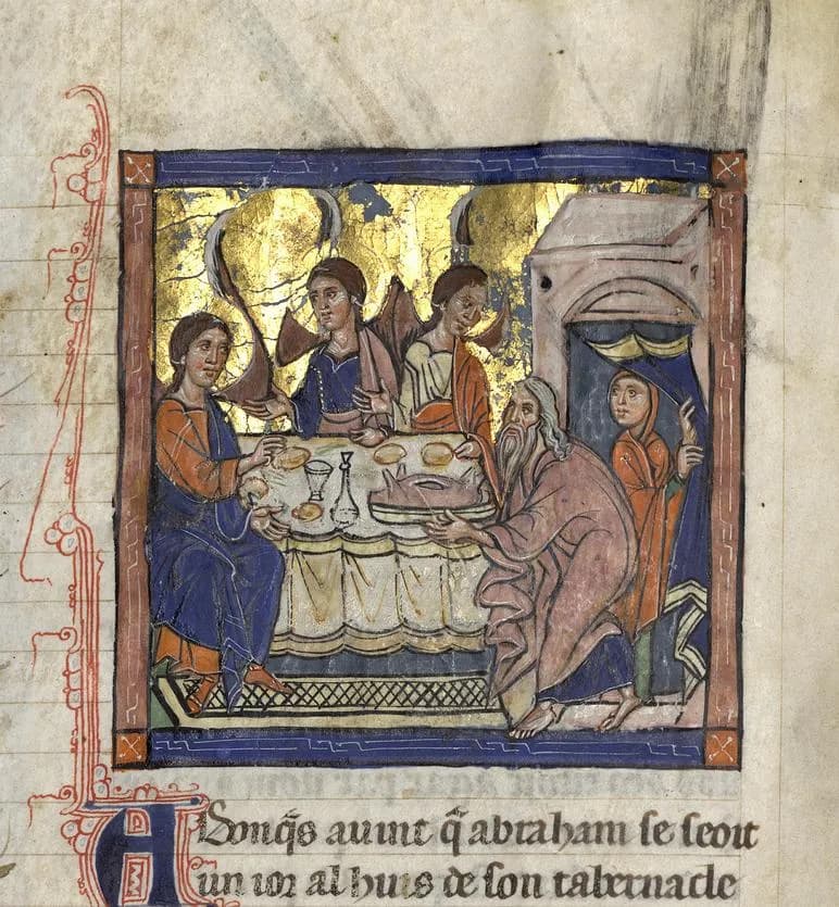 Miniature de l'Hospitalité d'Abraham (f.21v.), Manuscrit de "L'Histoire ancienne jusqu'à César", Saint-Jean-d'Acre, (Ms562), 1260-1270, Bibliothèque municipale de Dijon