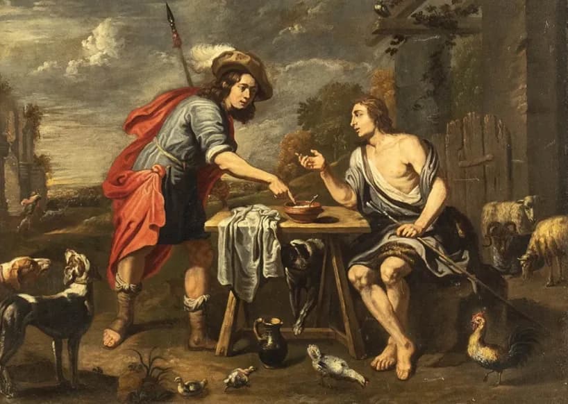 Esau sells Jacob his birthright for a plate of lentils