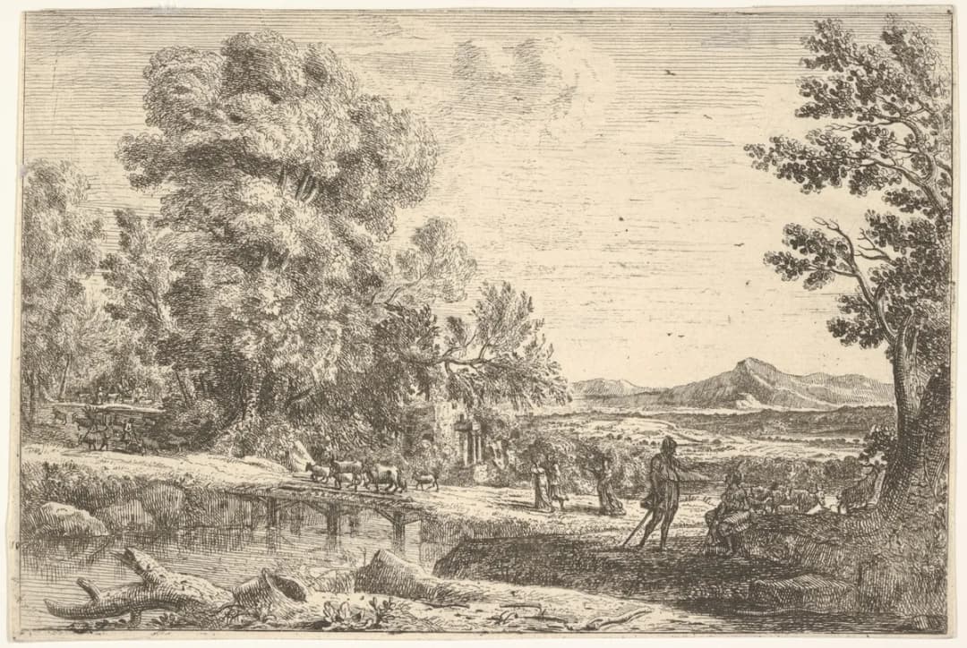Rebecca and Eliezer taking leave of her father, Bethuel, set in a landscape, a large tree to the left