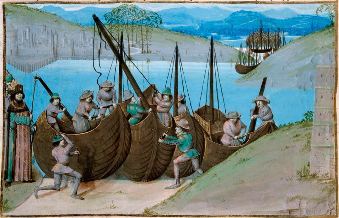 Construction de navires au XVe siecle a terre