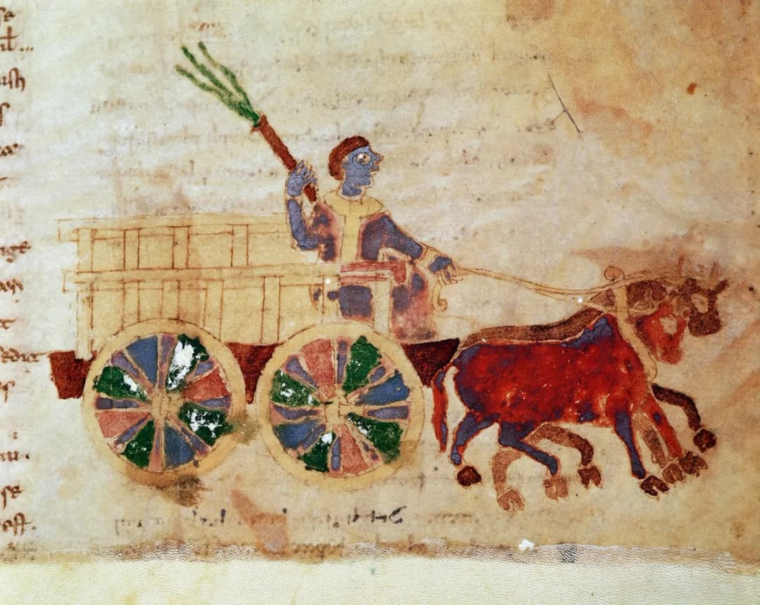 Cart pulled by oxen, from the manuscript De Universo or "De rerum naturis", Monte Cassino MS Casin 132