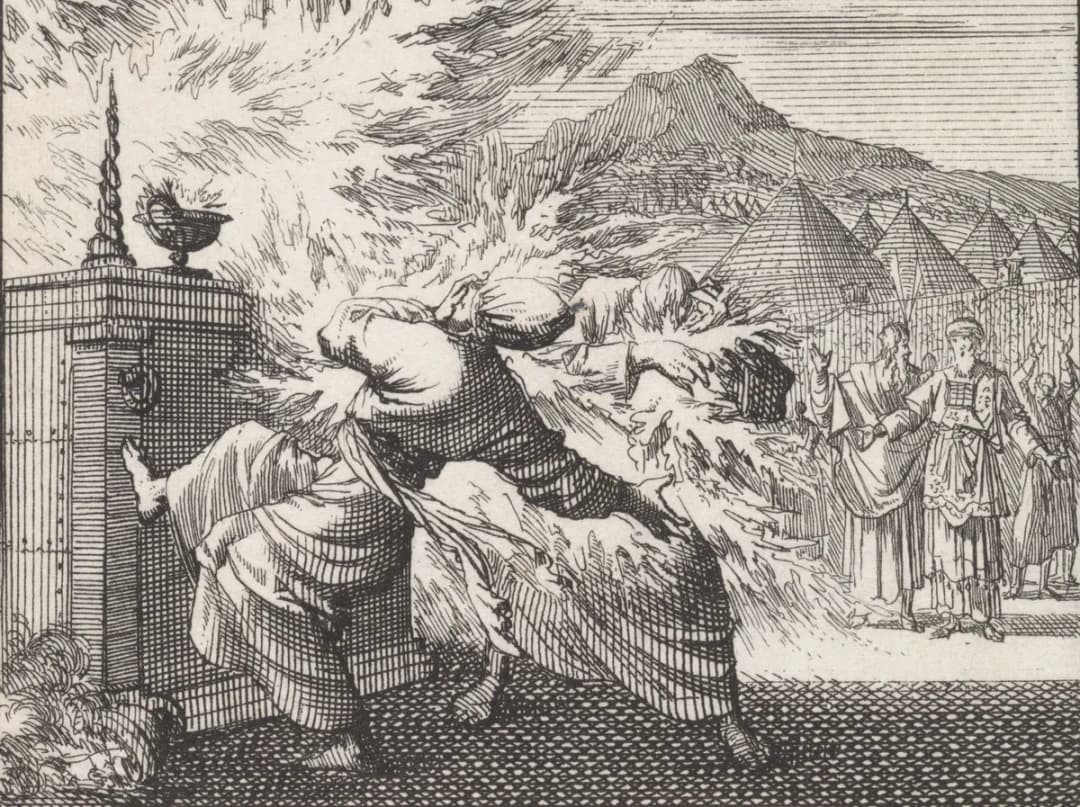 Aäron als hogepriester Nadab en Abihu bij het altaar gedood, RP-P-1896-A-19368-1334