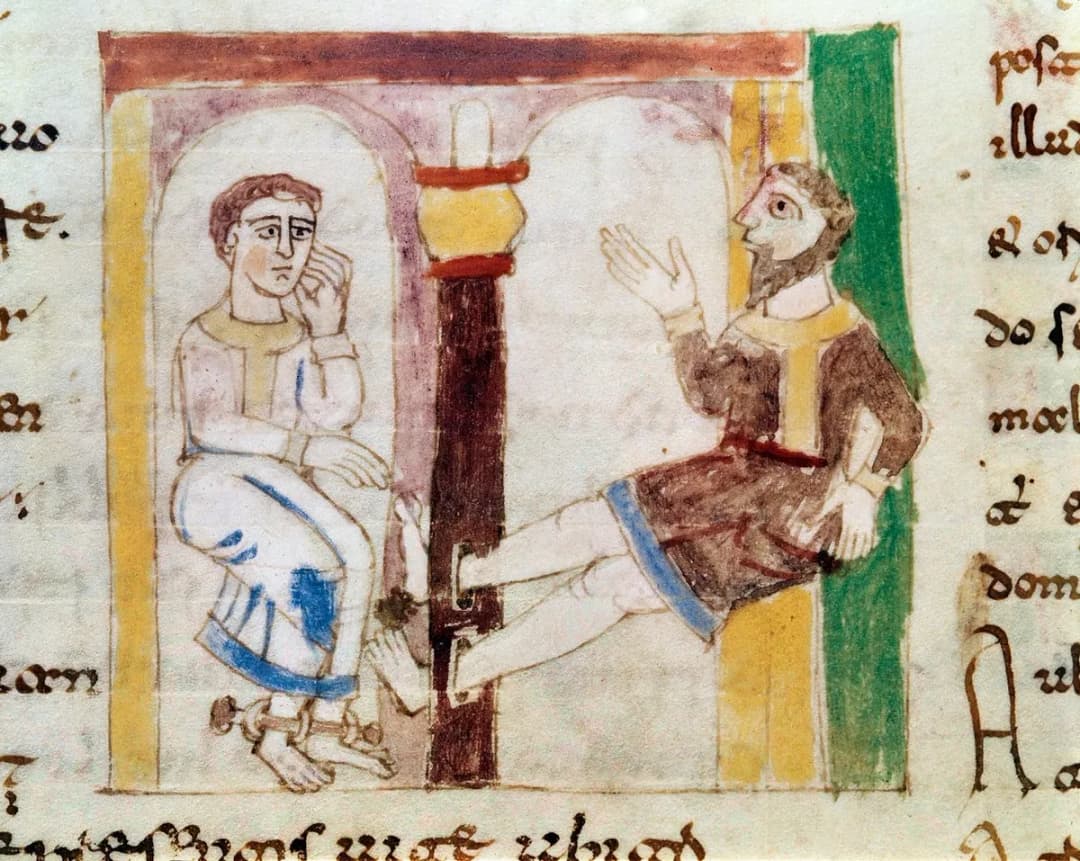 To prisoners in a prison in shackles and pillory, from the manuscript De Universo or "De rerum naturis", Monte Cassino MS Casin 132