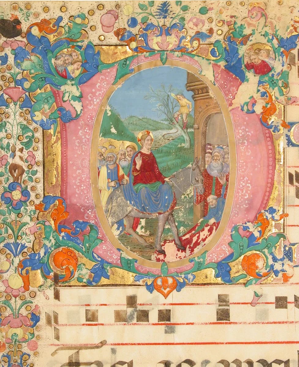 Manuscript Leaf with Entry into Jerusalem on Palm Sunday in an Initial D, from a Gradual