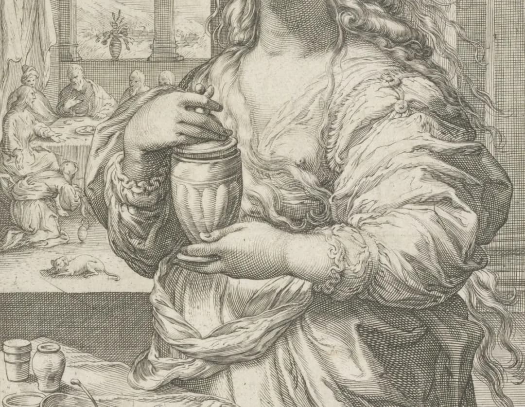 Maria Magdalena, huilend, met in haar hand een kruik met balsemolie. Op de achtergrond zalft zij de voeten van Christus wanneer hij te gast is bij Simon de Farizeeër. De prent heeft een Lati, NL-HlmNHA 1477 53008509