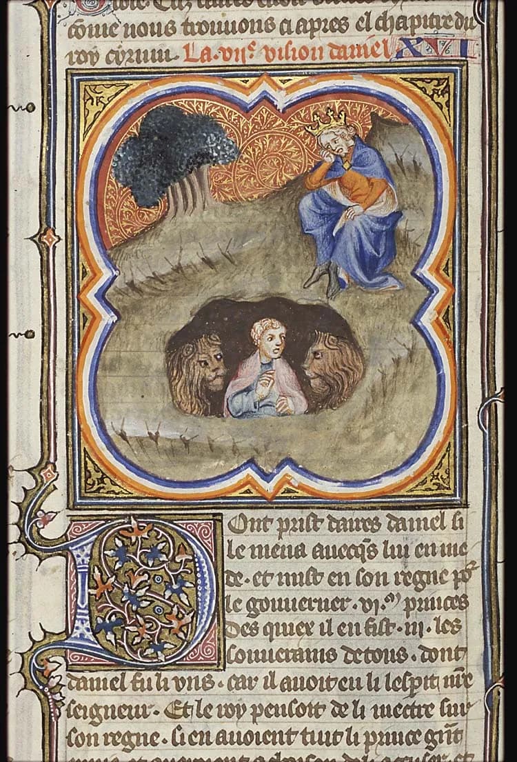 Daniel in the lion's den; King Darius stays awake