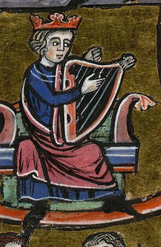 David tuning a medieval harp, Paris, Bibl. Mazarine, 0036, folio 214