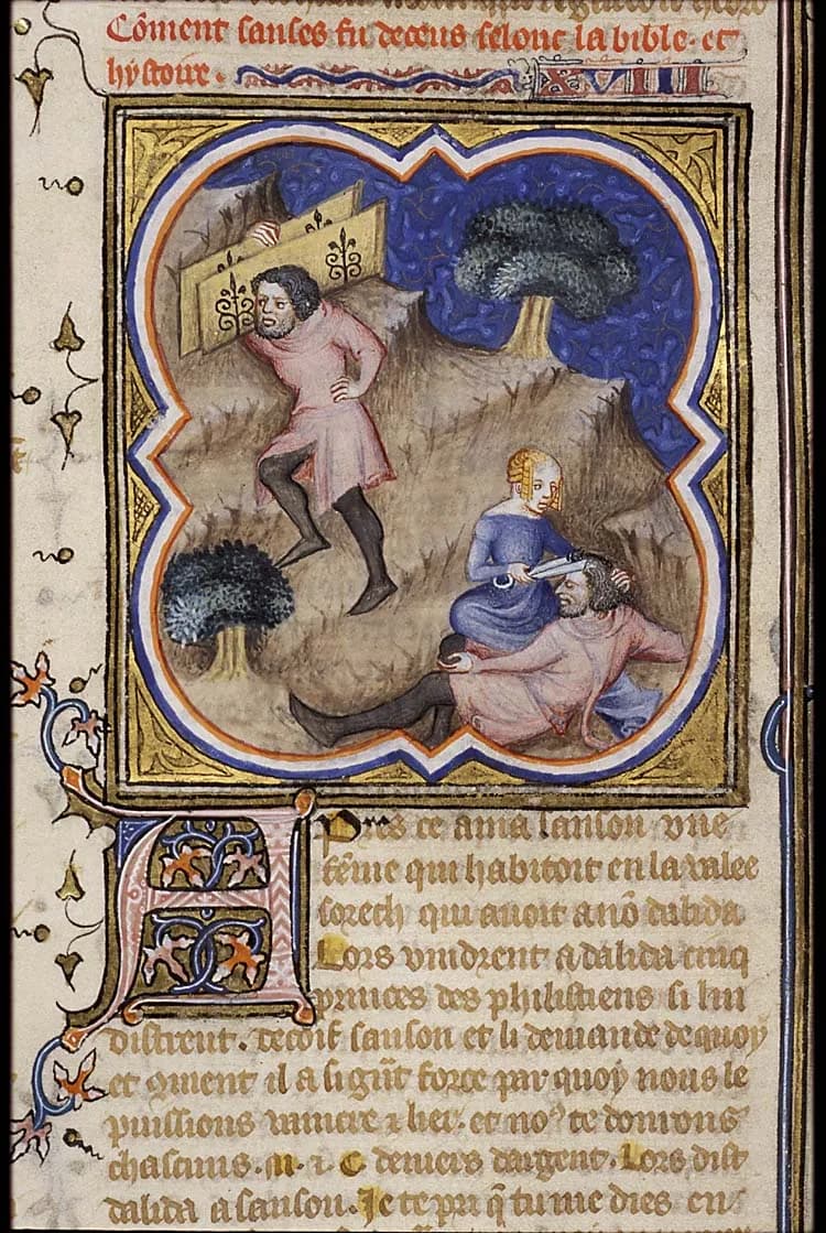 Samson carries the doors of the city-gate of Gaza to the top of a hill; Delilah cuts off Samson's hair