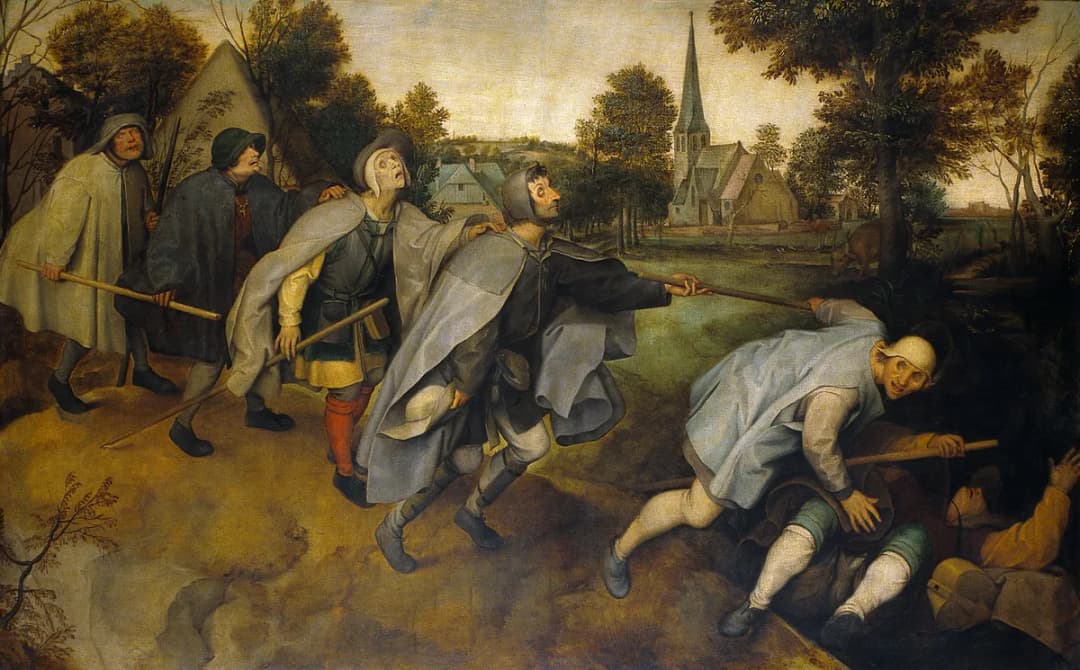 The blind leading the blind. Oil painting after Pieter Bruegel (Wellcome Collection)