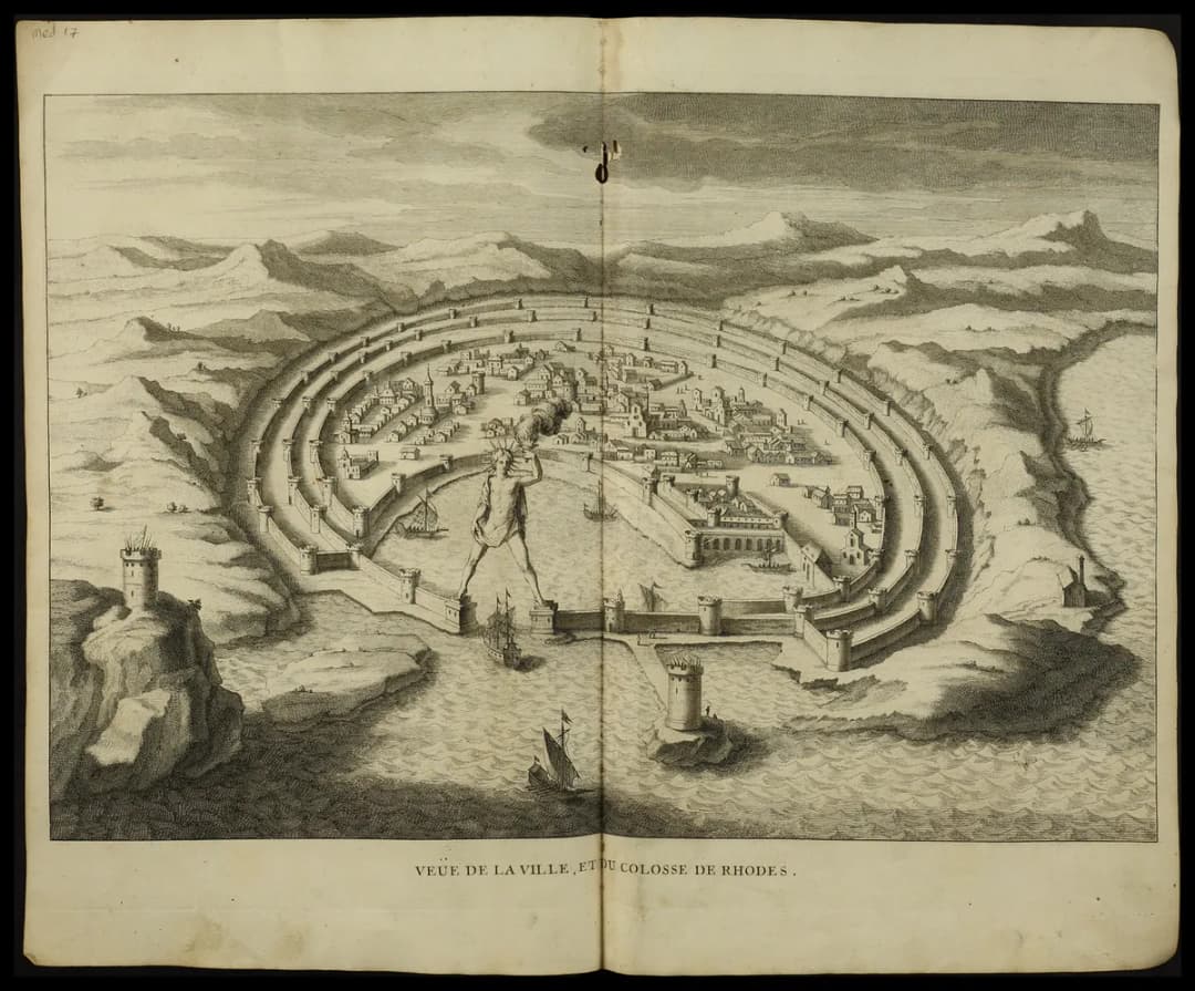 Veüe de la ville et du collose de Rhodes