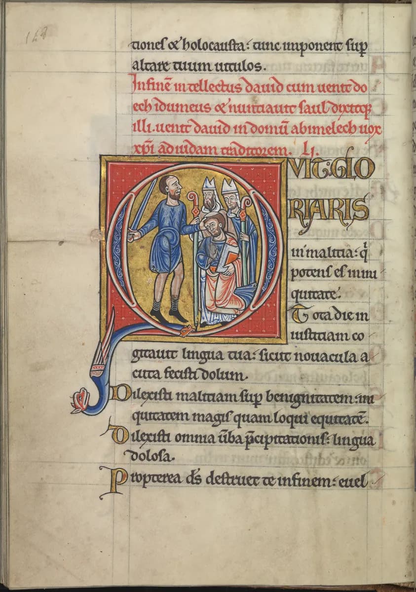 Psalm 51, Quit gloriaris in malitia, qui potens es in iniquitate, Doeh kills Achimelech en the priests of Nob - Psalter of Eleanor of Aquitaine (ca. 1185) - KB 76 F 13, folium 074v