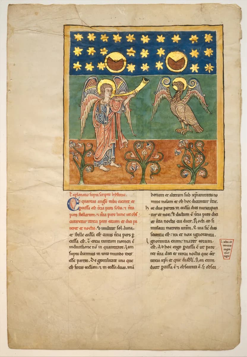 Leaf from a Beatus Manuscript: the Fourth Angel Sounds the Trumpet and an Eagle Cries Woe