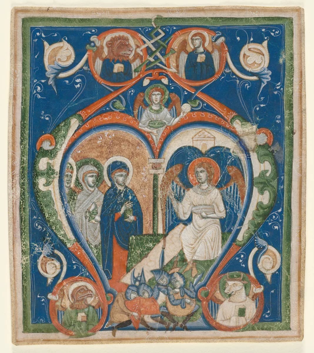 Initial A[ngelus Domini descendit] from an Antiphonary: The Three Marys at the Tomb