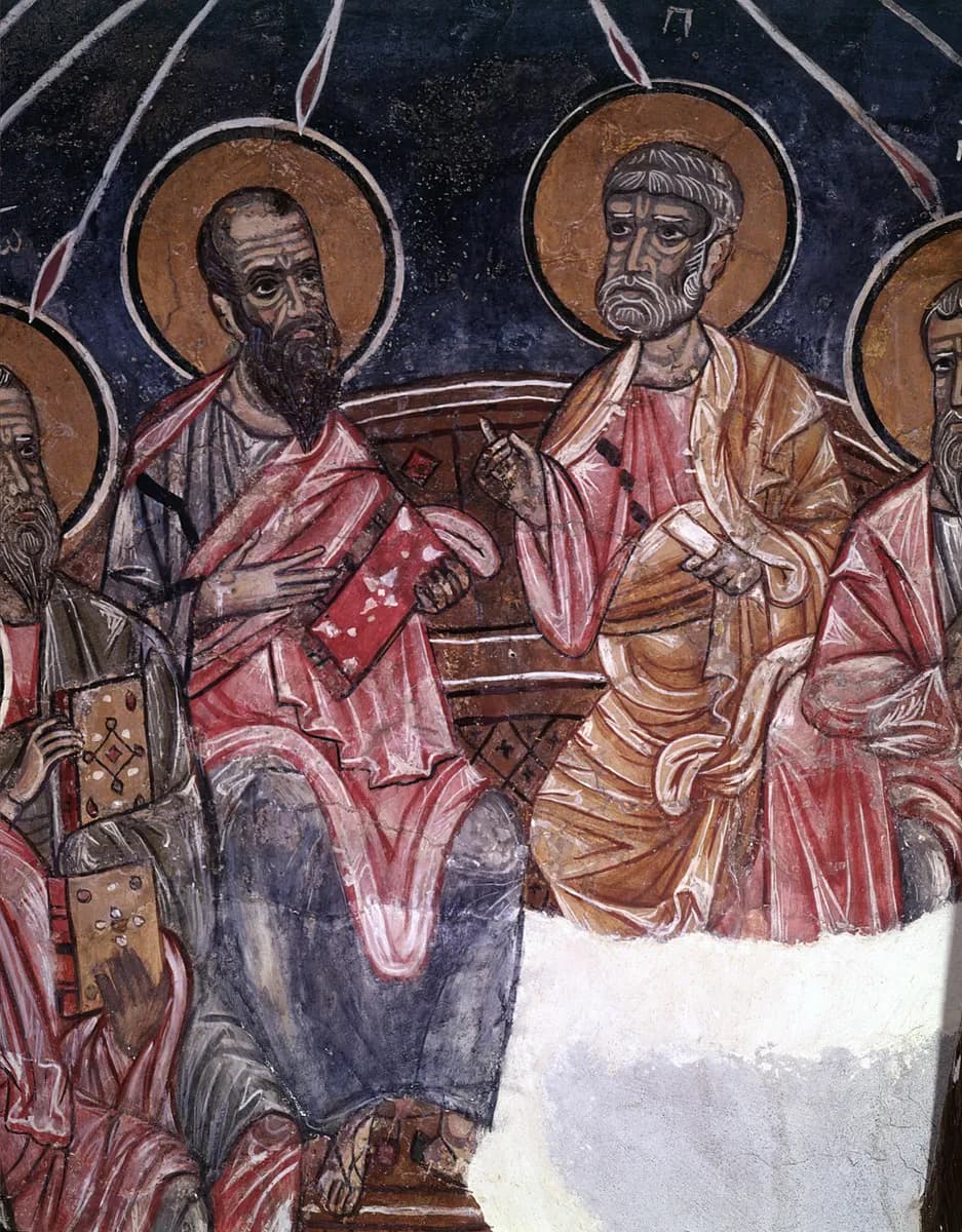 Church of Panagia Amasgou, Monagri, Cyprus, sanctuary, bema, wall paintings - Bema vault, north side, Bishops Epaphras, Philagrius, Zenon below The Ascension