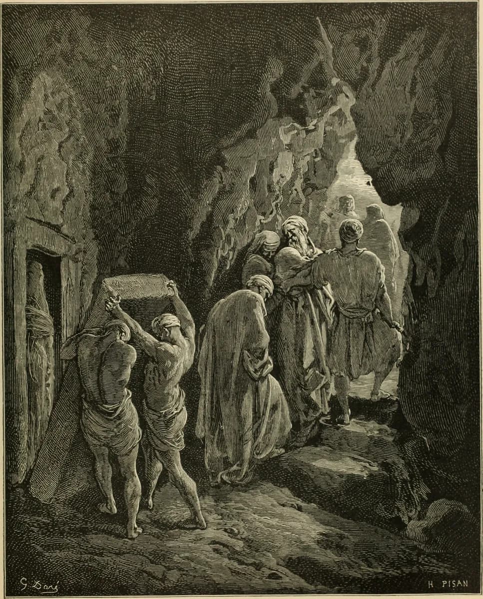 ABRAHAM BURIES SARAH, HIS WIFE. IN THE CAVE OF THE FIELD OF MACHPELAH. The Bible panorama, or The Holy Scriptures in picture and story (1891) (14598181490)