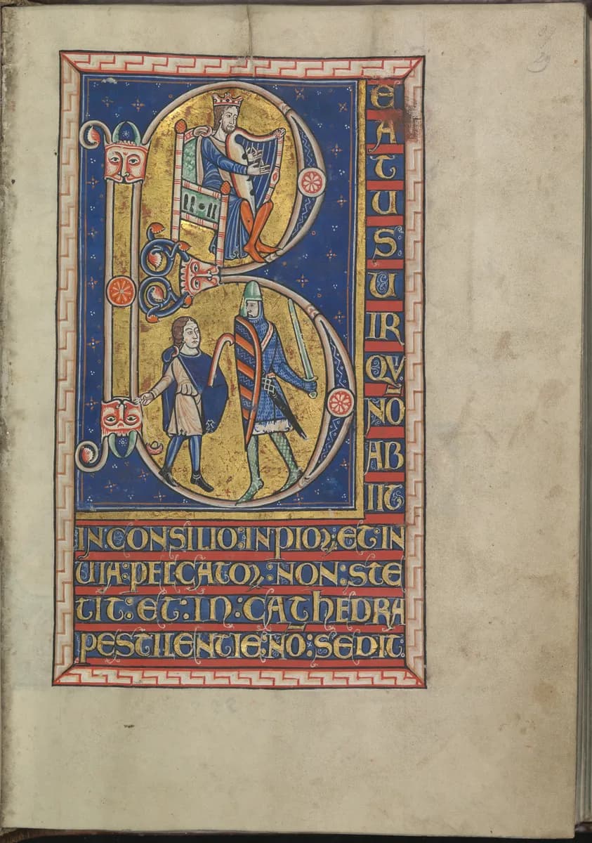 Psalm 1, Beatus vir qui non abiit in consilio inpiorum et in via peccatorum non stetit et in cathedra pestilentie non sedit, King David plays harp, David, Goliath - Psalter of Eleanor of Aquitaine (ca. 1185) - KB 76 F 13, folium 029r