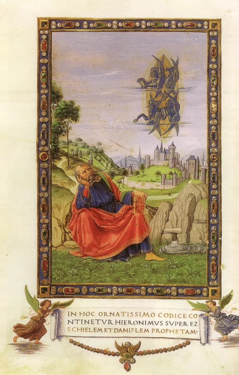 Domenico ghirlandaio e bottega, visione di ezechiele, da san girolamo, commentarium in ezechielem et in danielem prophetam, bibl ap vaticana, ms. urb lat 57 f 1v