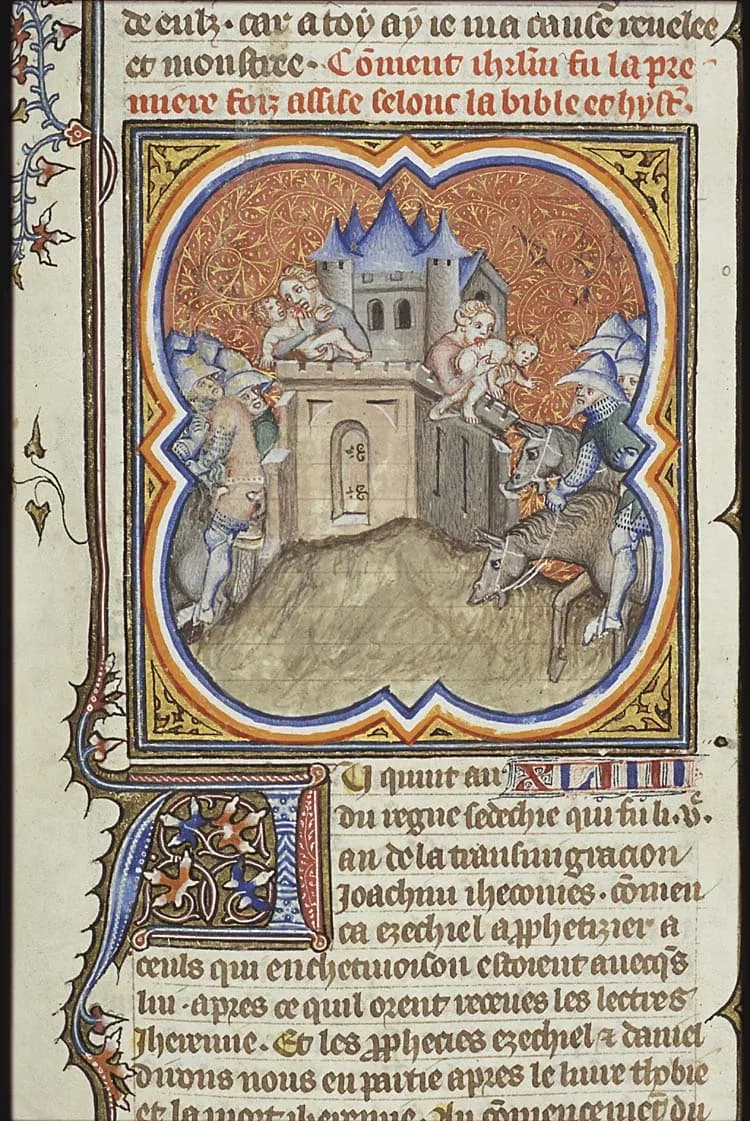 Nebuchadnezzar besieges Jerusalem; famine afflicts the city of Jerusalem: women are eating their children