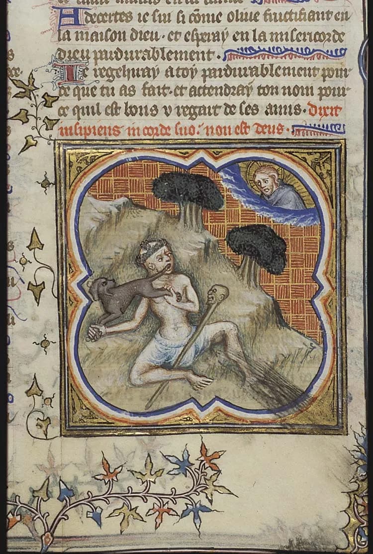 Fool with a dog's tail in his mouth