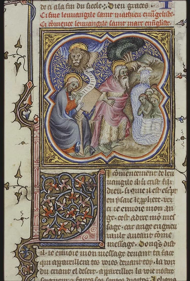 St. Mark writing, with his symbol the lion; St. John the Baptist