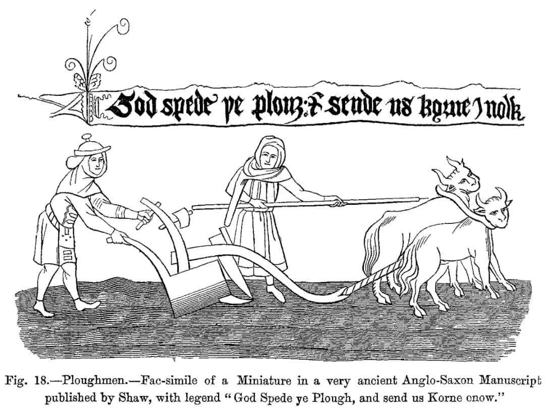 Ploughmen Fac simile of a Miniature in a very ancient Anglo Saxon Manuscript published by Shaw with legend God Spede ye Plough and send us Korne enow