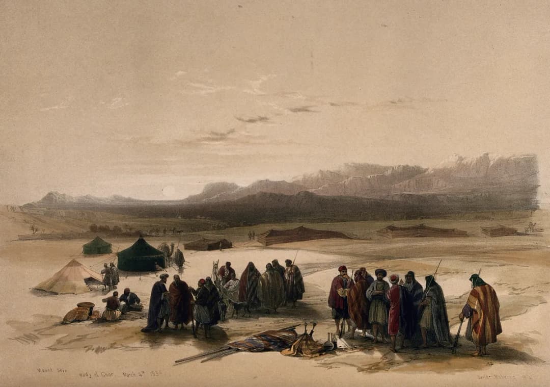Encampment in the desert, with Mount Seir in the distance, W Wellcome V0049424