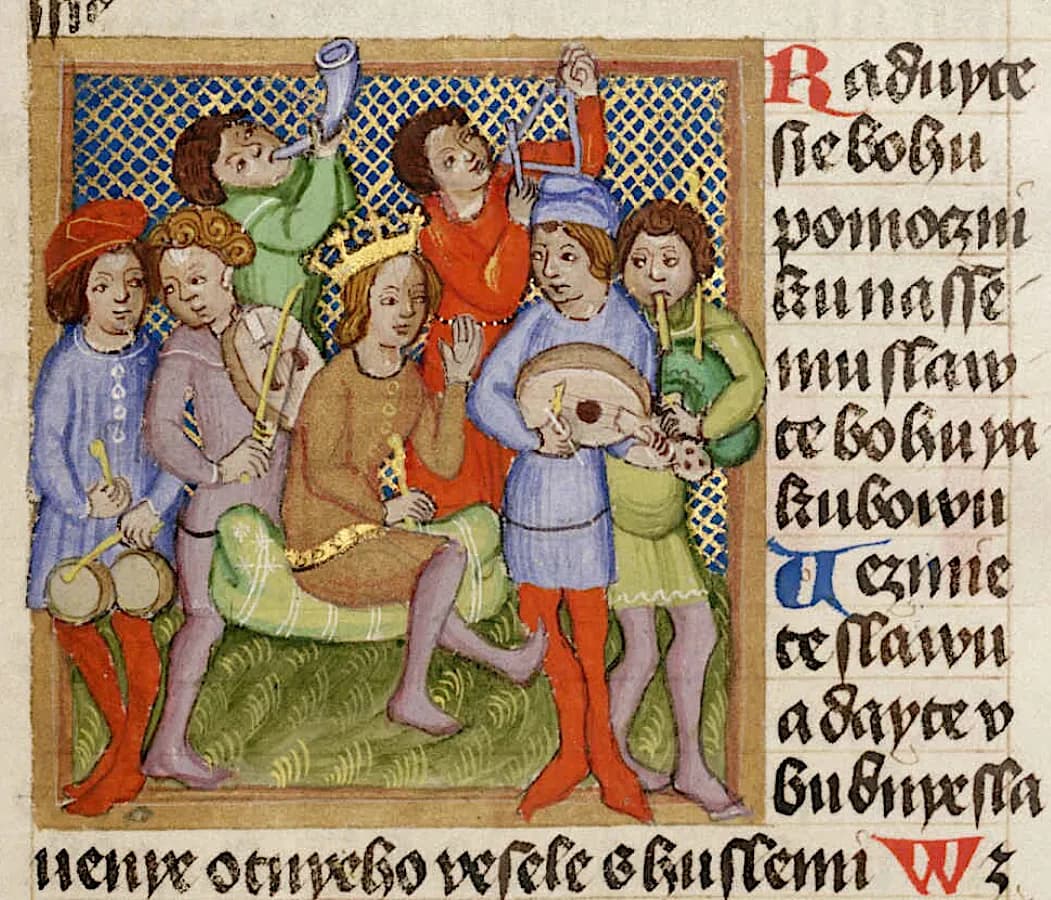 King David and musicians from Olomouc Bible, folio 276R, image sharpened