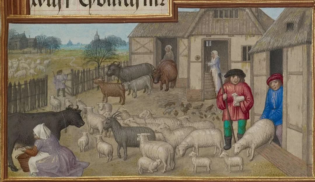 Workshop of the Master of James IV of Scotland (Flemish, before 1465 - about 1541) - Farm Animals, Milking, and Buttermaking; Zodiacal Sign of Taurus detail
