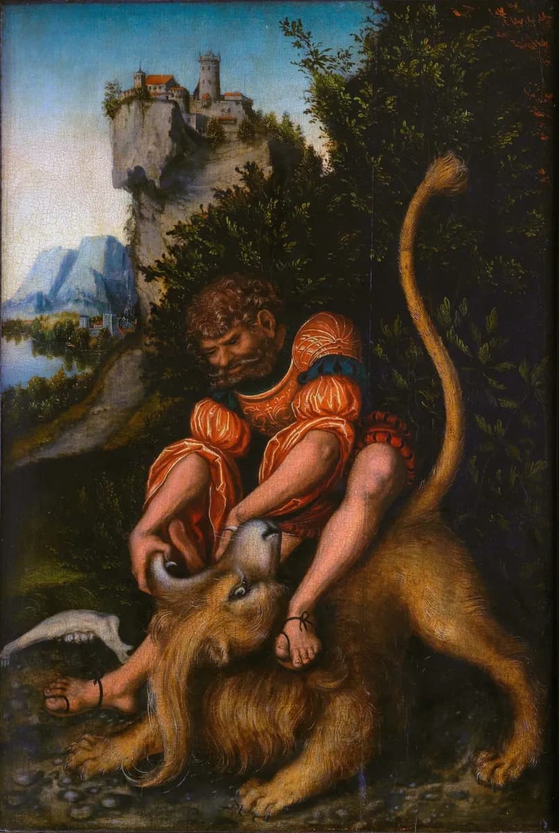German:  Simson im Kampf mit dem Löwen Samson battling with the lion