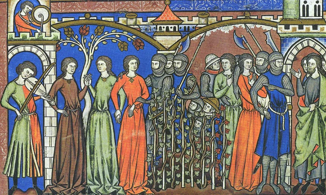 Men of Benjamin take daugthers of Shiloh as wives; Morgan Bible, c.1250 (39159309875)