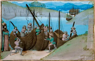 Construction de navires au XVe siecle a terre