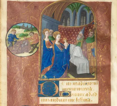 Leaf from a Book of Hours:  Presentation in the Temple with Roundels of the Casting of Lots, the Deposition, and Pietà (None, Office of the Virgin)