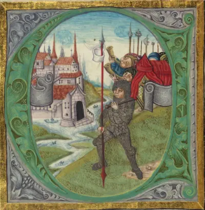 Illuminated Manuscript, Bible (part), Joshua in silver armor leads the assault on Jericho, Walters Manuscript W.805, fol. 124v - 7166587707