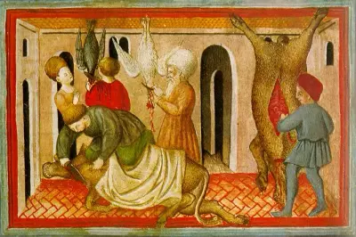 15th c. depiction of Jewish ritual slaughter of animals for consumption.