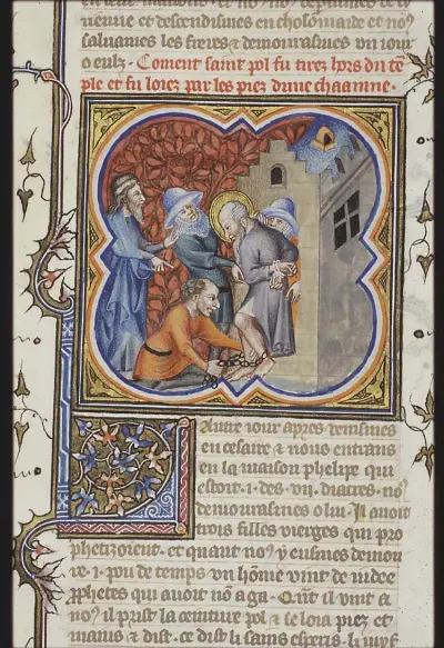 After being dragged out of the temple by the Jews, St. Paul is rescued by soldiers, who arrest him and carry him away