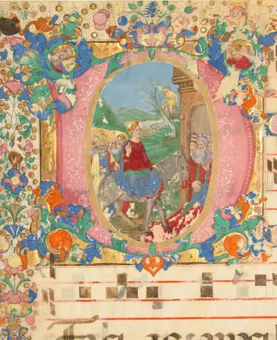 Manuscript Leaf with Entry into Jerusalem on Palm Sunday in an Initial D, from a Gradual