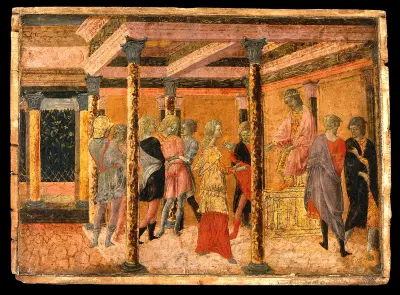 Potiphar's wife denouncing Joseph to Potiphar. Tempera paint