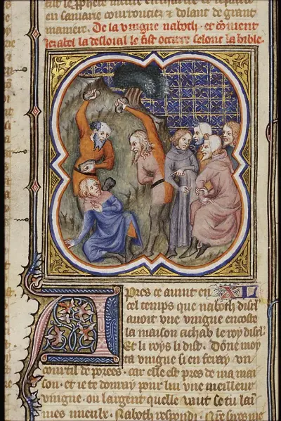 Naboth's vineyard: Naboth is stoned to death