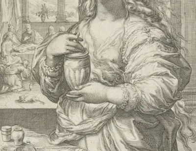 Maria Magdalena, huilend, met in haar hand een kruik met balsemolie. Op de achtergrond zalft zij de voeten van Christus wanneer hij te gast is bij Simon de Farizeeër. De prent heeft een Lati, NL-HlmNHA 1477 53008509
