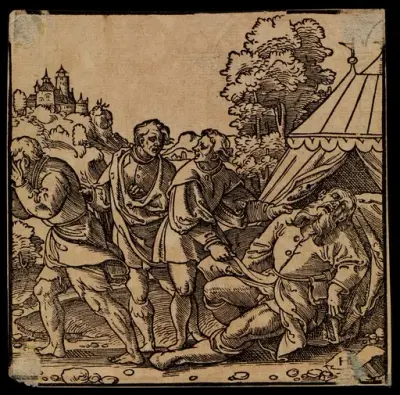 Noah in his drunkenness being exposed by Ham. Woodcut by H. Brosamer, 1550.