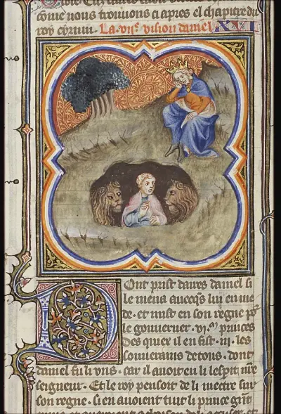 Daniel in the lion's den; King Darius stays awake