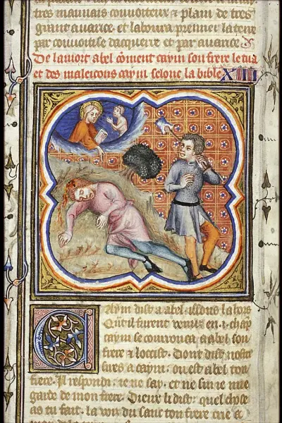 God calls on Cain, who has slain Abel with a spade, to account for his deed