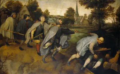 The blind leading the blind. Oil painting after Pieter Bruegel (Wellcome Collection)