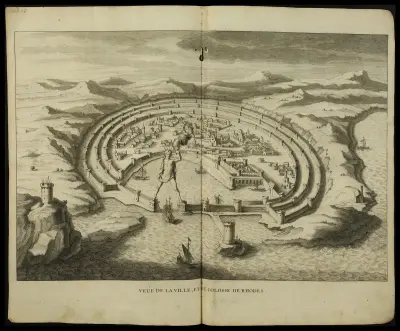 Veüe de la ville et du collose de Rhodes