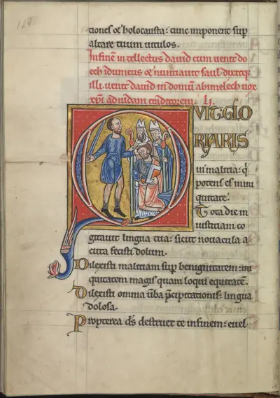 Psalm 51, Quit gloriaris in malitia, qui potens es in iniquitate, Doeh kills Achimelech en the priests of Nob - Psalter of Eleanor of Aquitaine (ca. 1185) - KB 76 F 13, folium 074v